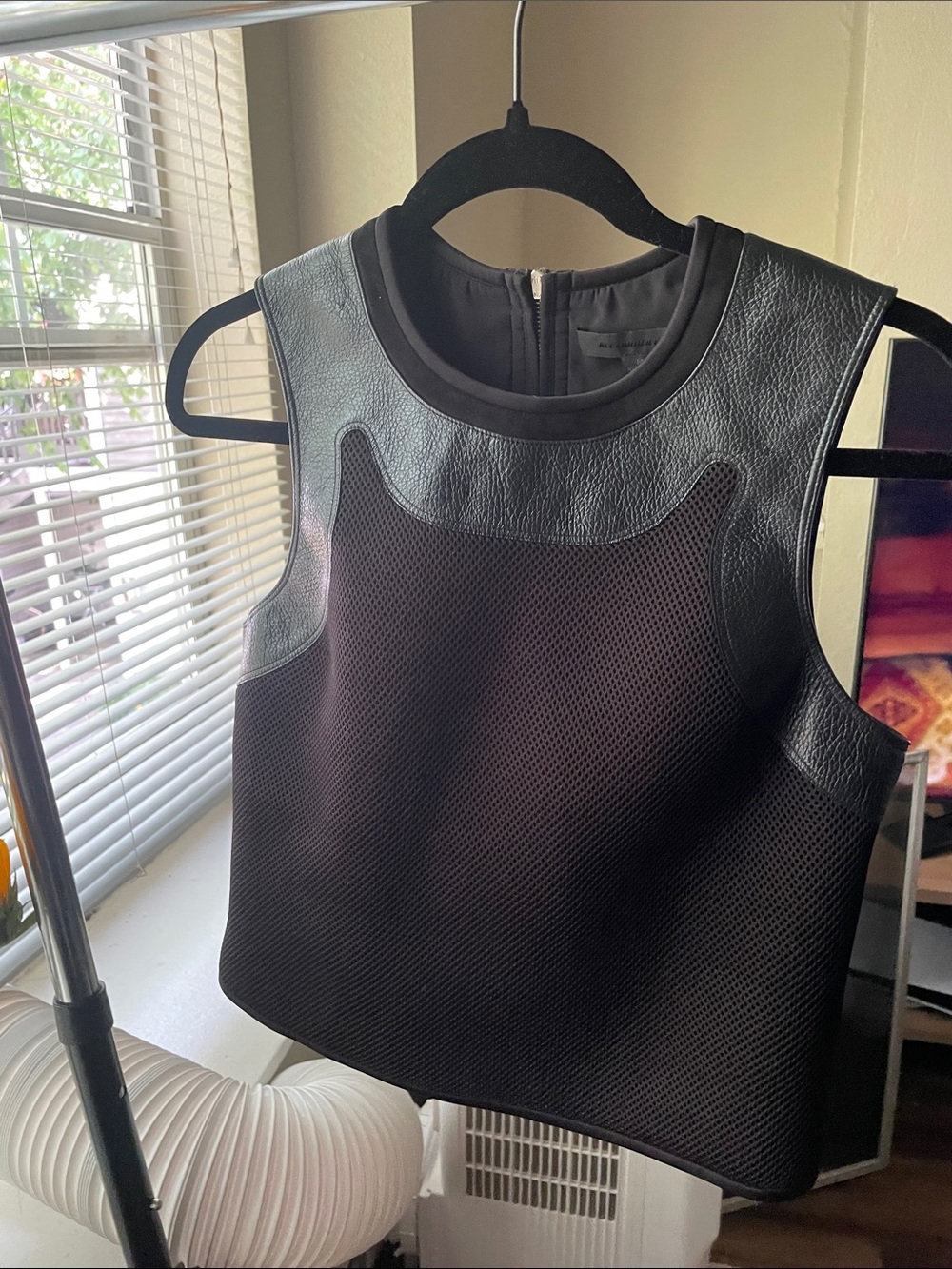 Alexander Wang Black Sleeveless Textured Tank with Leather Trim